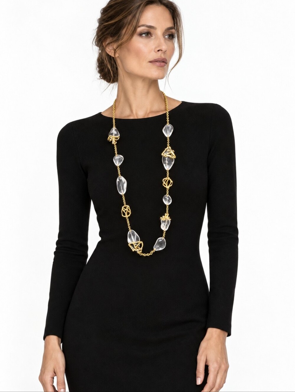 Alexis Bittar Rare Clear Lucite Crystal Encrusted Gold Long Station Necklace